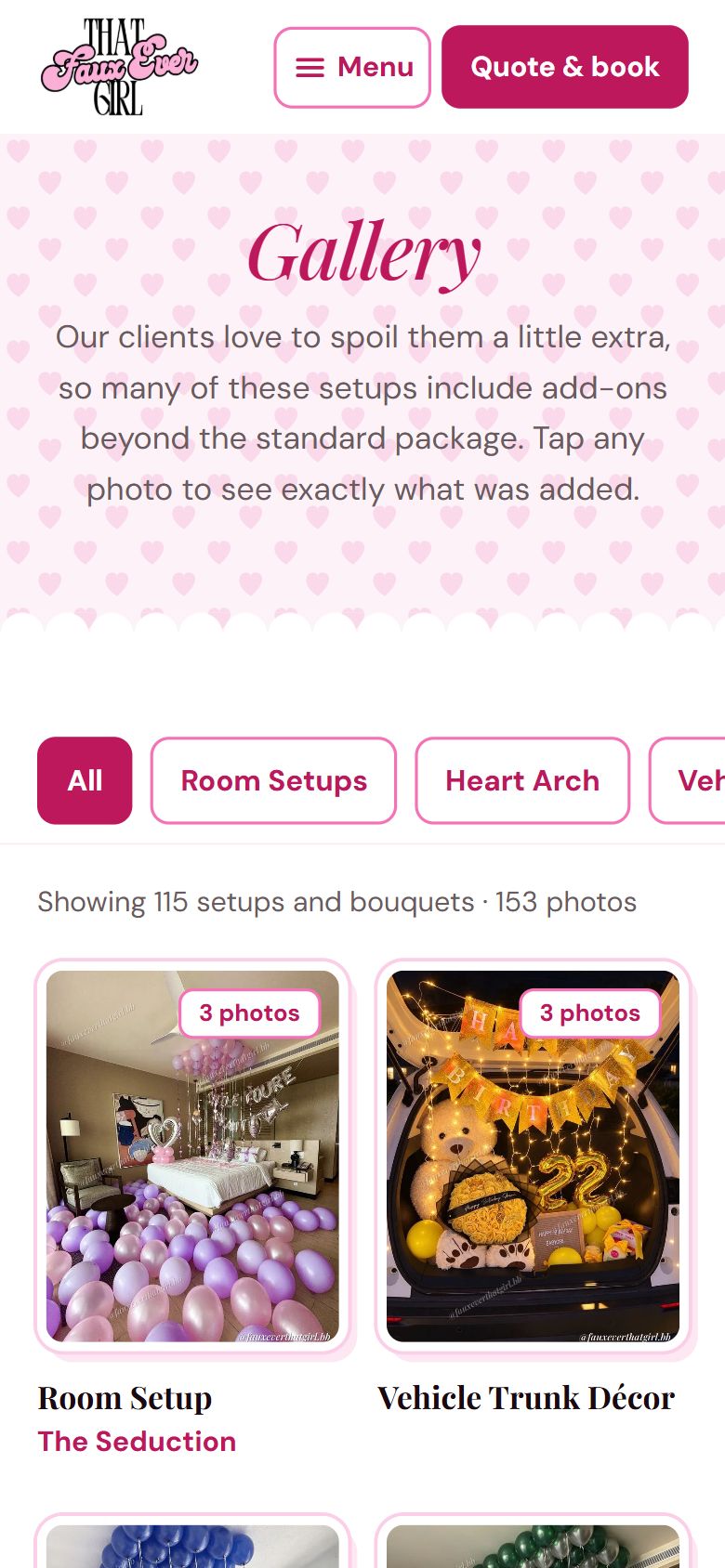Gallery page with filters for room setups, heart arch and vehicle trunk décor, and photo cards showing how many photos each setup has