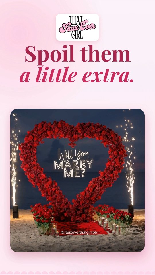 Opening of the Faux Ever That Girl website walkthrough: the tagline Spoil them a little extra over a heart arch proposal photo
