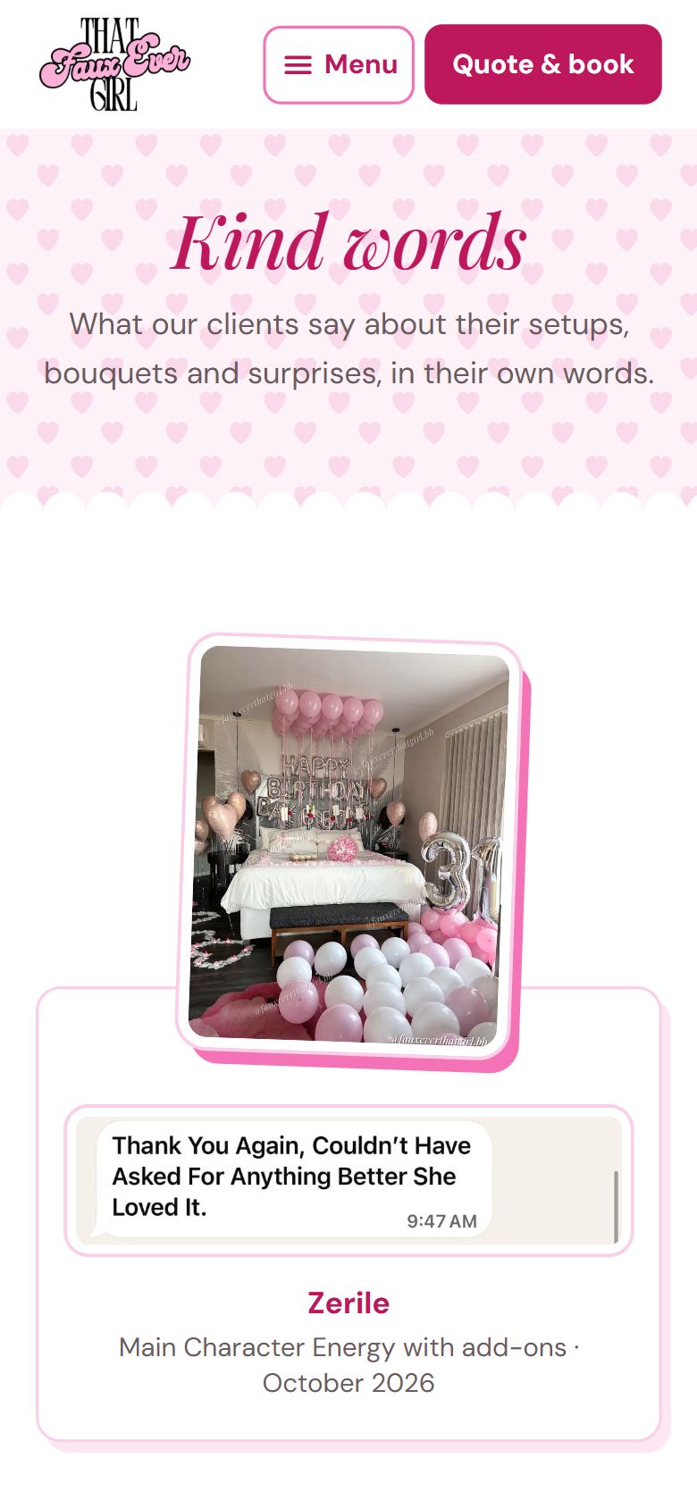Kind words page: a client's photo of their room setup with their WhatsApp message underneath